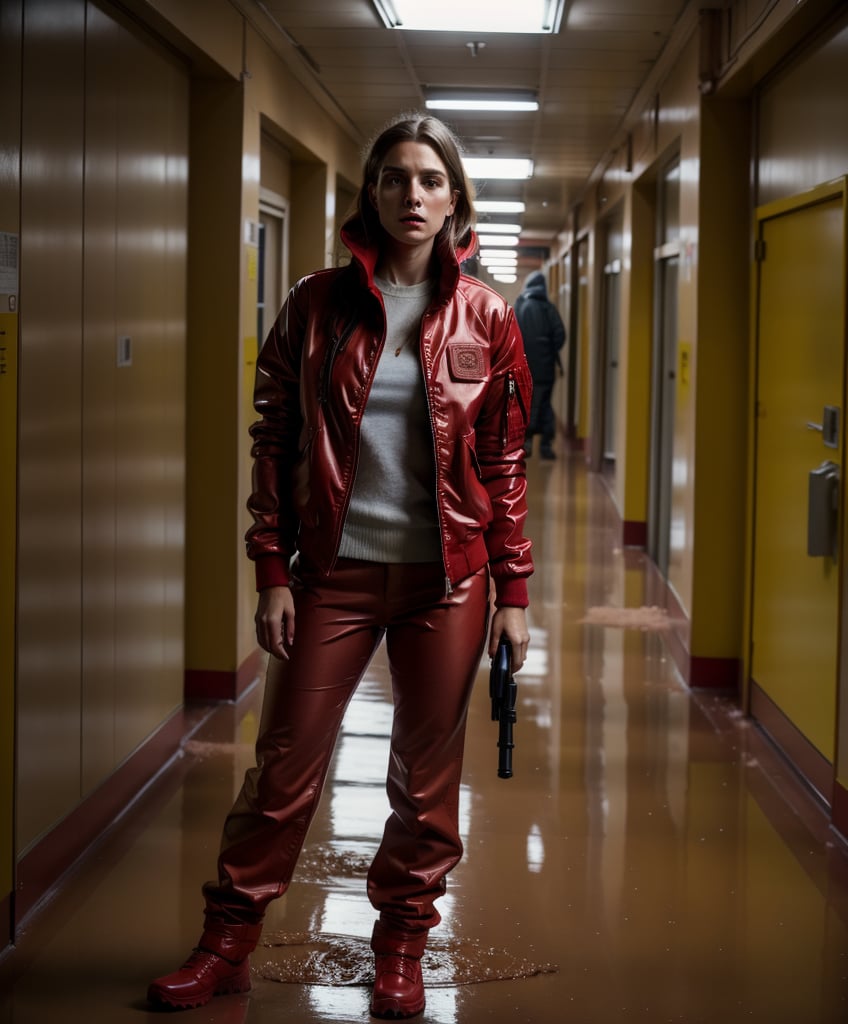 cover, a beautiful portrait of a girl ,muddy face,  red nurse outfit, very refined garments, ripped futuristic jacket , red bomber jacket, streetwear style, red wide leg pants high quality garment, insane detail, intricate complexity, weapon in hand, zombie apocalypse, muddy clothes, suspense surreal,empty hospital corridor ,dirty corridor, abandoned, darker colors, cool color palette, light in the back, different body poses, dynamic pody poses, photoreal, 8 k, octane render by greg rutkowski