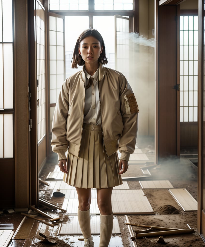 cover, a beautiful portrait of a japanese girl ,muddy face, white and beige outfit, very refined garments, ripped futuristic jacket , beige bomber jacket, white and beige streetwear style, white pleated skirt, japanese school girl uniform outfit,  high quality garment, insane detail, intricate complexity, katana sword in hand, zombie apocalypse, muddy clothes, suspense surreal,empty school  ,dirty corridor, abandoned, destroyed, smoke in the back, big windows,  darker colors, cool color palette, light in the back, different body poses, dynamic pody poses, photoreal, 8 k, octane render by greg rutkowski