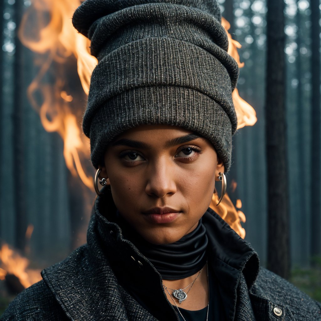 cover, photo of a boy, in a refined black streetwear worn ripped outfit, black futuristic jacket, ear piercings, silver necklace, ((light bokeh)), dirt on face, smoke, black beannie, (silk details ), intricate, (detailed fabric), very detailed, refined garment, sharp focus, photo by greg rutkowski, vivid lighting, light colors, night, (masterpiece), (( burning forest behind )), (detailed face:1.1), eye iris, details,  looking away