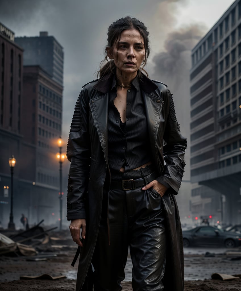 cover, Canon shot, 8k quality, a beautiful portrait of an old lady ,muddy face, black outfit, very refined garments, jewelry, ripped futuristic jacket , black jacket, black streetwear style, black pleated pants, long outfit,  high quality garment, insane detail, intricate complexity, katana sword in hand, zombie apocalypse, muddy clothes, suspense surreal,empty city square ,dirty , abandoned, destroyed, smoke in the back,  darker colors, cool color palette, light in the back, different body poses, dynamic pody poses, photoreal, 8 k, octane render by greg rutkowski, very detailed face