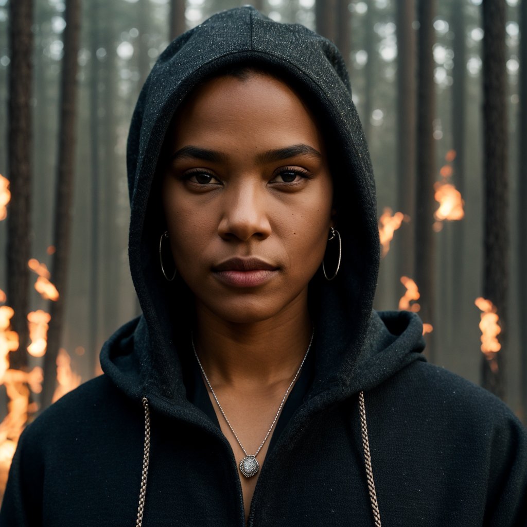 Portrait photo of a boy in a refined black streetwear worn hoodie, black futuristic jacket, ear piercings, silver necklace, ((light bokeh)), dirt on face, smoke, black beannie, (silk details ), intricate, (detailed fabric), very detailed, refined garment, sharp focus, photo by greg rutkowski, vivid lighting, light colors, night, (masterpiece), (( burning forest behind )), (detailed face:1.1), eye iris, details, 