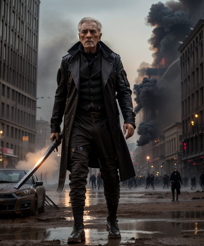 cover, Canon shot, 8k quality, a beautiful portrait of an old man ,muddy face,good physique, black outfit, very refined garments, jewelry, ripped futuristic jacket , black jacket, black streetwear style, black pleated pants, long outfit,  high quality garment, insane detail, intricate complexity, katana sword in hand, zombie apocalypse, muddy clothes, suspense surreal,empty city square ,dirty , abandoned, destroyed, smoke in the back,  darker colors, cool color palette, light in the back, different body poses, dynamic pody poses, photoreal, 8 k, octane render by greg rutkowski, very detailed face