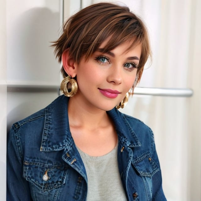 1girl, solo, smile, short hair, brown hair, brown eyes, jewelry, jacket, upper body, earrings, denim, realistic, denim jacket