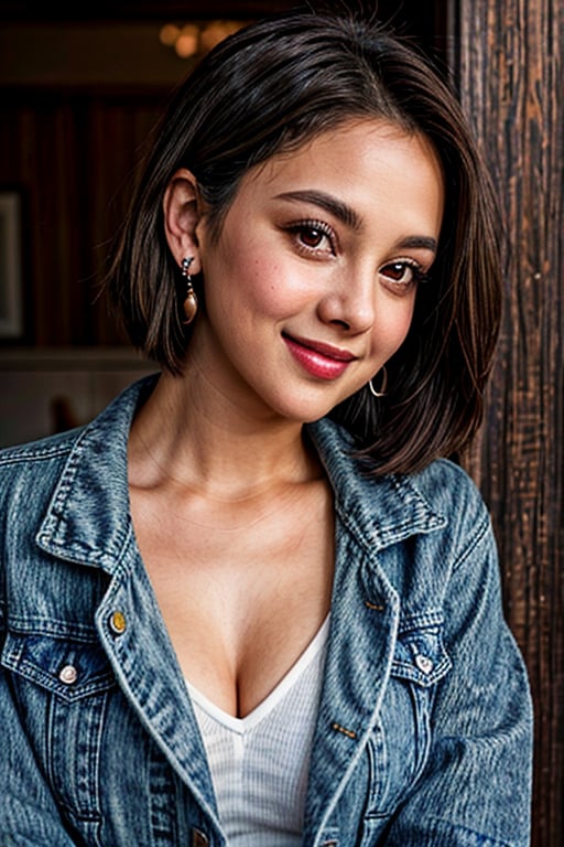A close-up shot of a young woman, solo and centered in the frame, gazes directly at the viewer with a warm, inviting smile. Her short, dark brown hair frames her heart-shaped face, complemented by her bright brown eyes that sparkle with subtle amusement. A delicate pair of earrings adorns her lobes, adding a touch of elegance to her overall look. She wears a blue denim jacket, zipped up to showcase her upper body, and her lips curve into a gentle smile, as if sharing a secret with the viewer.