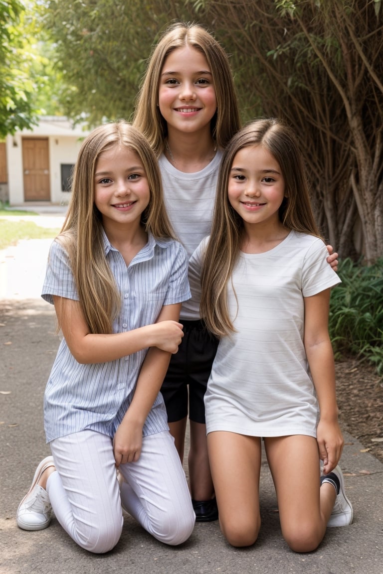 long hair, looking at viewer, smile, multiple girls, blonde hair, brown hair, shirt, 1boy, dress, 2 girls, sitting, white shirt, short sleeves, shoes, socks, striped, pants, black footwear, kneeling, facial hair, dog, striped shirt, realistic, old