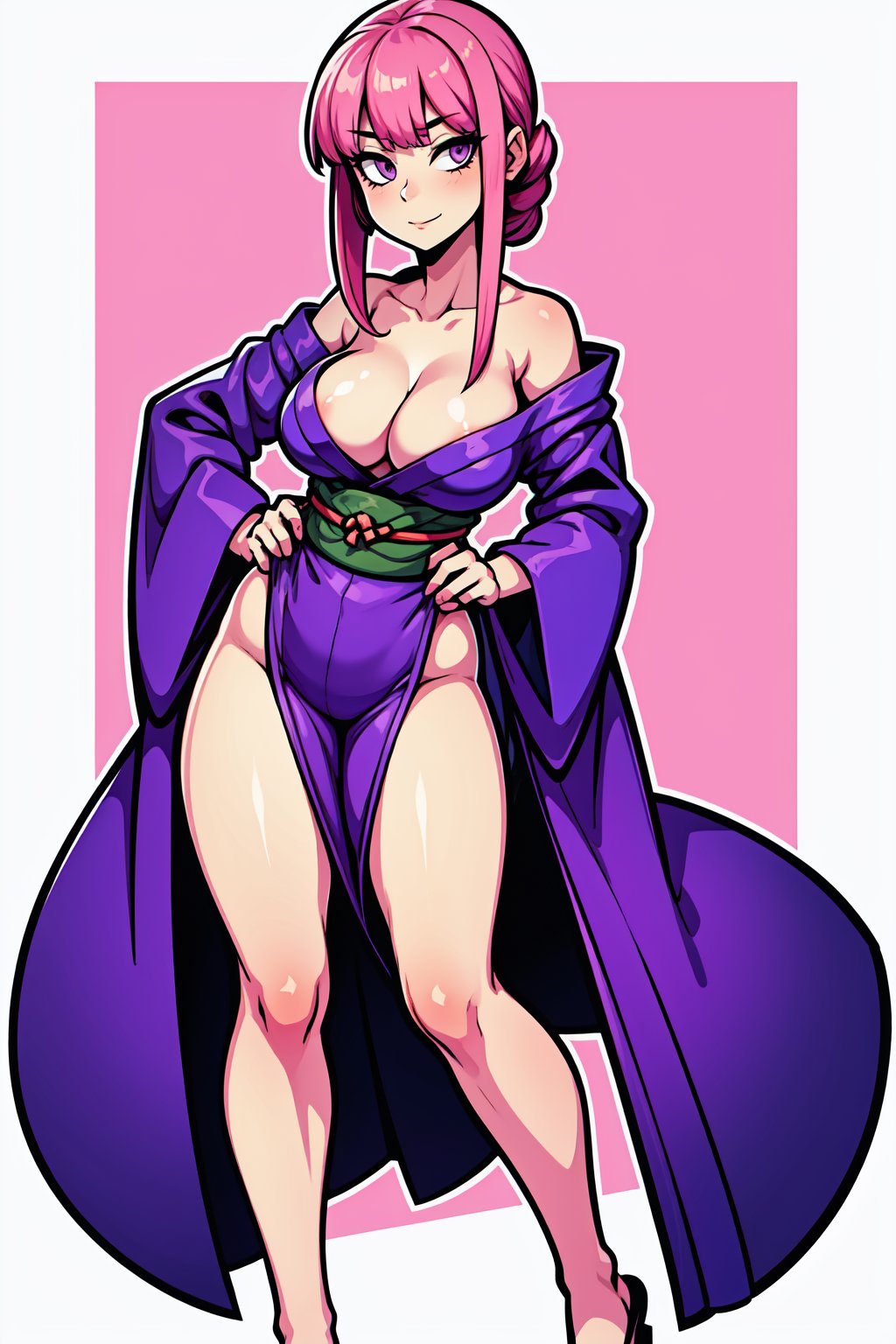 1GIRL, (thick_hips:0.8), purple_eyes, pink_hair, short_hair_with_long_locks, kimono_outfit, standing, looking_at_viewer, hand_holding, full_body, sexy, beautiful, perfect, attractive, hands_on_chest