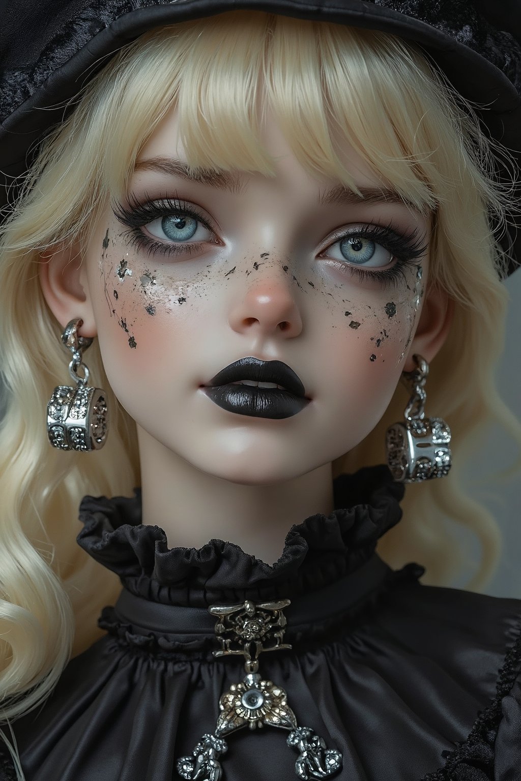 best quality, a goth girl, blonde hair, blue eyes, metallic adornments in the face, silver earings, black lipstick, insanely detailed eyes,pcv figure,