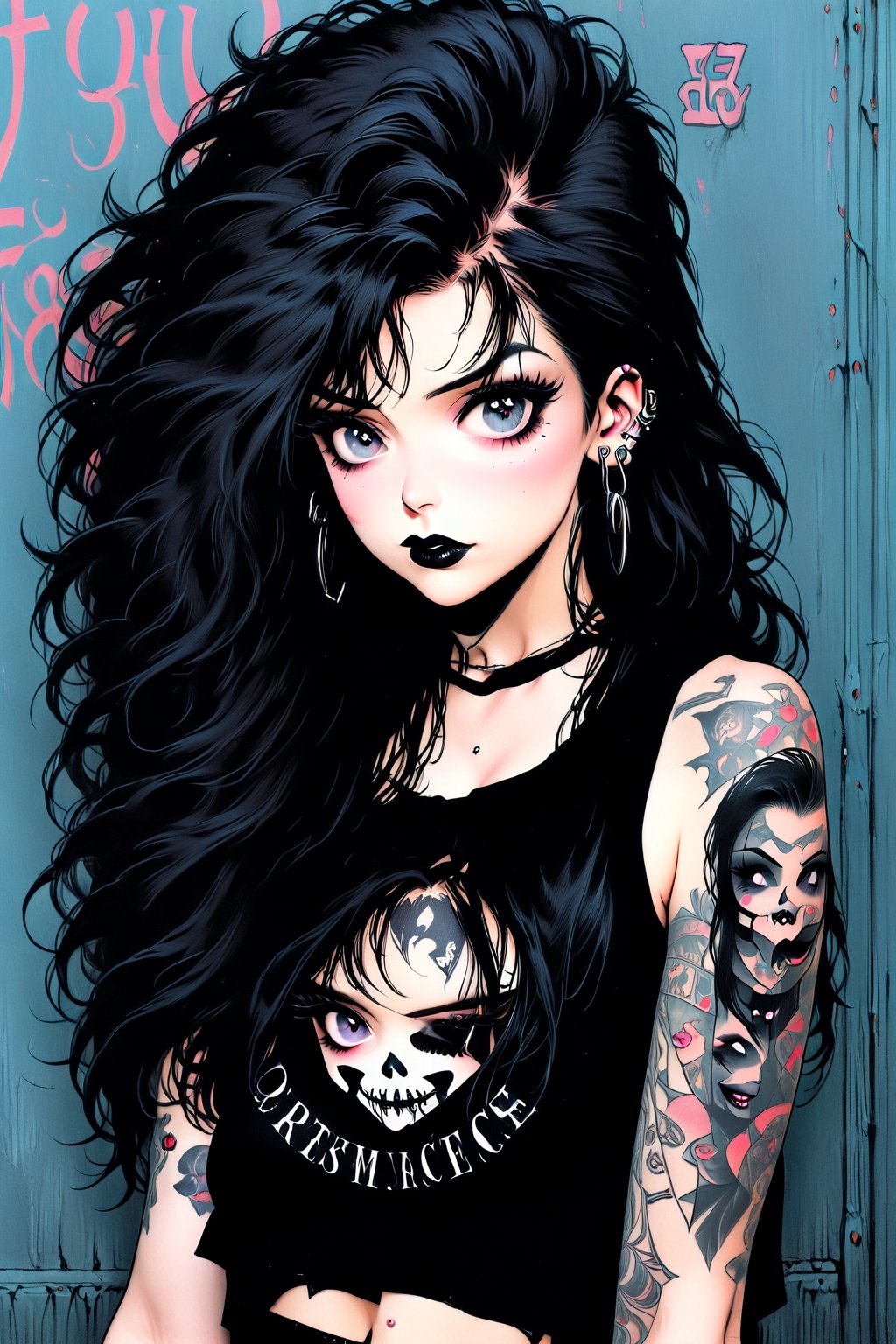 fullbody, Female goth with pale skin, long straight black hair, dressed in black ripped jeans with a black cropped tanktop, sunglasses, black lipstick, tattooed, tattooed face, tattooed body,