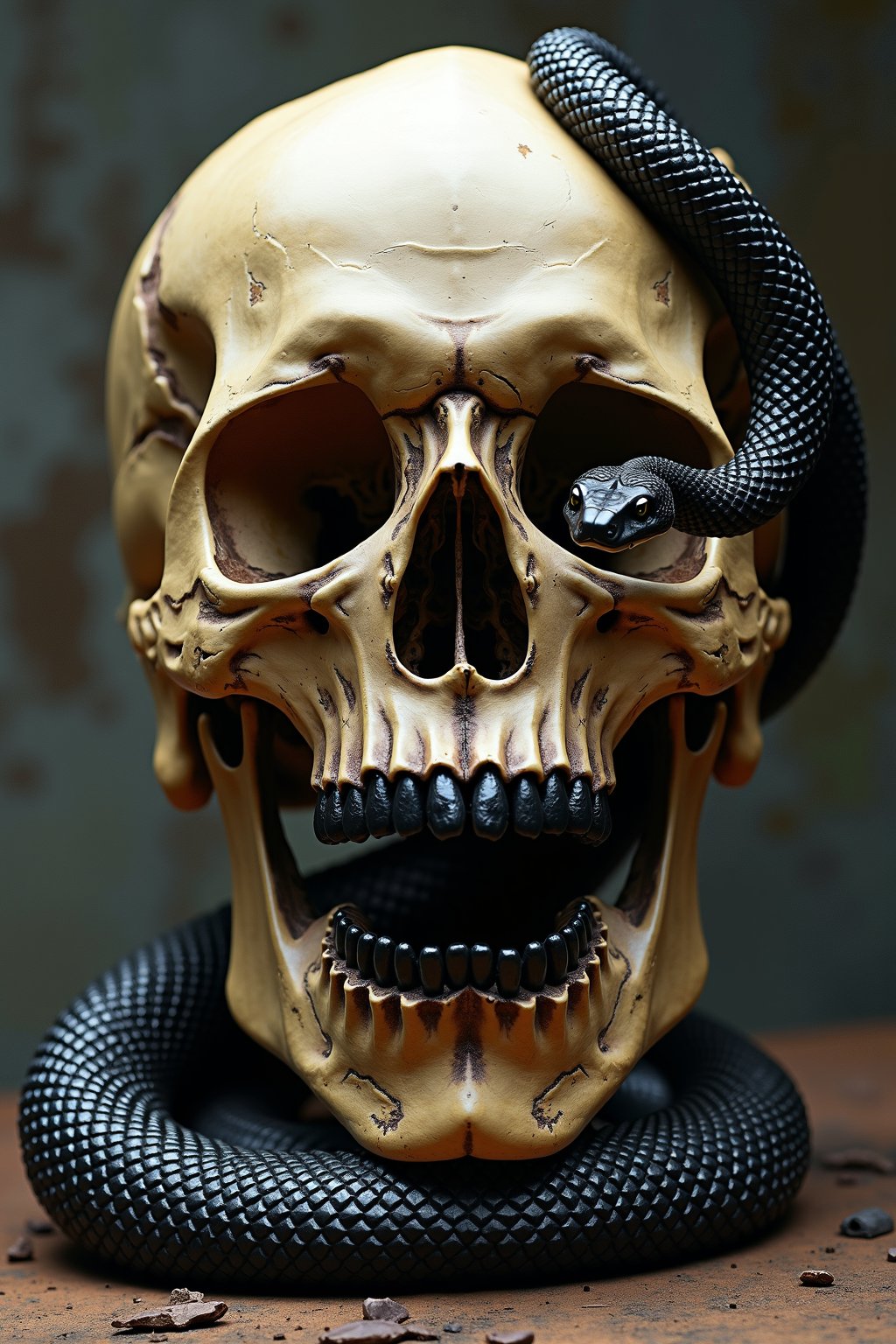 a human skull with a black cobra entangled, entering trought its eye and exiting through its mouth, front view, the cobras head is above the skull front view with its mouth open ready to strike