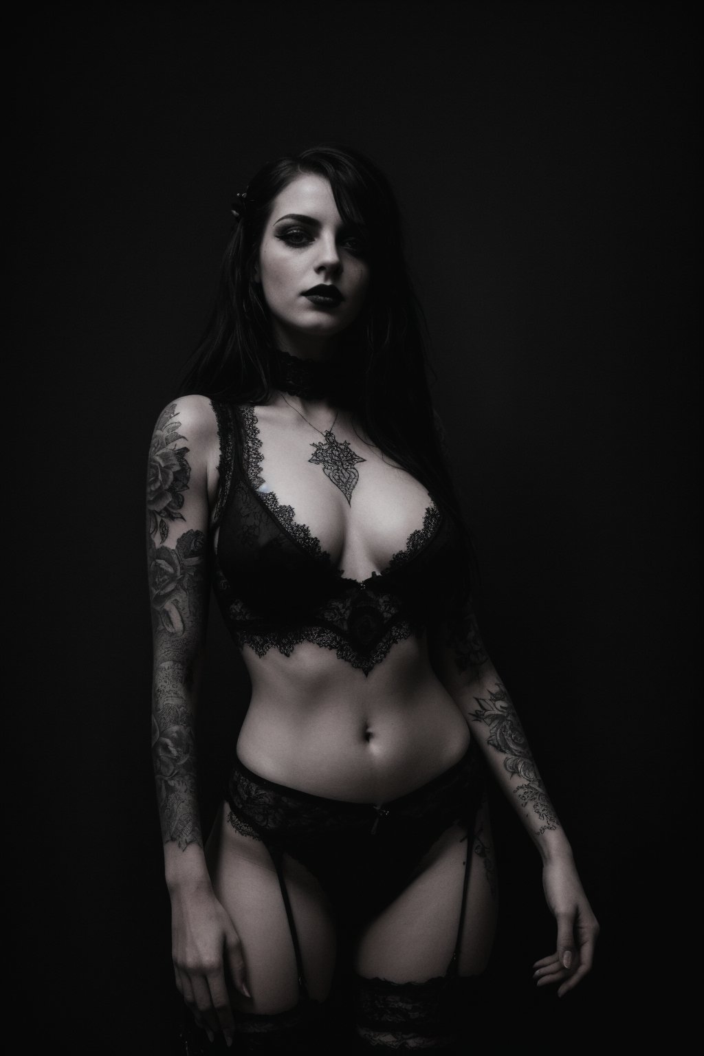 goth girl, black lipstick, ((tattooed)), (Rembrandt style), (full body), (dynamic angle), (dynamic pose), Oil painting featuring a figure embodying pain and sadness mingling with erotism, lace accents adorning their form, plunged in a dark ambience, sharp details in a play of contrast, black and white palette, (grayscale), emphasis on textured brushwork, expressive facial features partially veiled by shadows, chiaroscuro technique, rich details, 8k, intricate details, atmospheric lighting, 35mm photograph, professional, highly detailed, high budget, moody, epic, gorgeous, proportional,