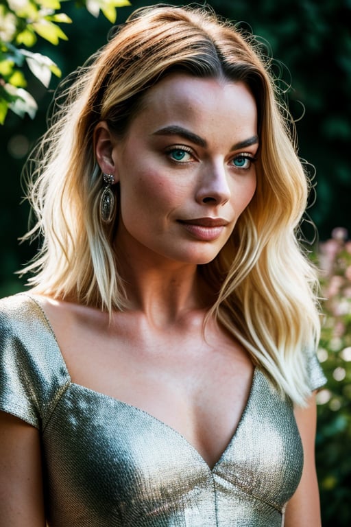 stunning closeup portrait photo of a margot robbie, wearing a silver dress, beautiful face, outdoors garden, epic character composition, by ilya kuvshinov, alessio albi, nina masic, sharp focus, natural lighting, subsurface scattering, f2, 35mm, film grain, cinematic shot, lighting, ((robbie)),