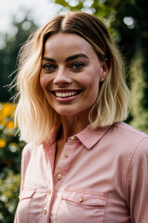 stunning closeup portrait photo of a margot robbie smiling, wearing a pink jeans shirt, beautiful face, short blonde hair, outdoors garden, epic character composition, by ilya kuvshinov, alessio albi, nina masic, sharp focus, natural lighting, subsurface scattering, f2, 35mm, film grain, cinematic shot, lighting, ((robbie)),