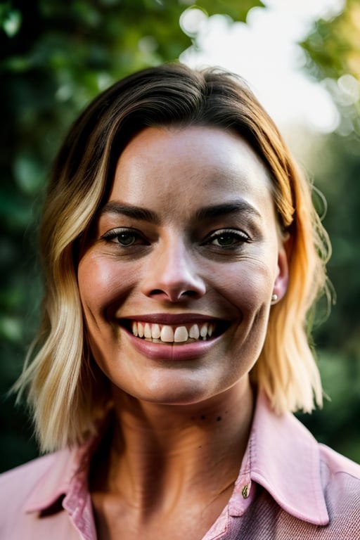 stunning closeup portrait photo of a margot robbie smiling, wearing a pink jeans shirt, beautiful face, outdoors garden, epic character composition, by ilya kuvshinov, alessio albi, nina masic, sharp focus, natural lighting, subsurface scattering, f2, 35mm, film grain, cinematic shot, lighting, ((robbie)),