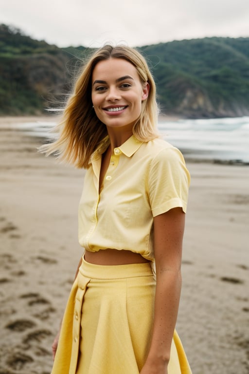 robbie stunning long shot photo of a margot robbie smiling, wearing a yellow shirt and bluejeans skirt, beautiful face, medium blonde hair, beach background, epic character composition, by ilya kuvshinov, alessio albi, nina masic, sharp focus, natural lighting, subsurface scattering, f2, 35mm, film grain, cinematic shot, lighting, ((robbie)),