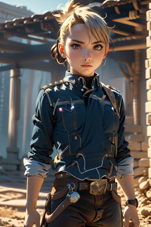 (Alone:1.5), (Solo:1.5), ((Cowboy shot:1.5)), realistic, masterpiece,best quality,High definition, (realistic lighting, sharp focus), high resolution,volumetric light, outdoors, dynamic pose, RH, a 25 years old woman, pony_tail, folded ponytail, military uniform, ((medium breats:1.4)), focus face, looking away, hair movement, 