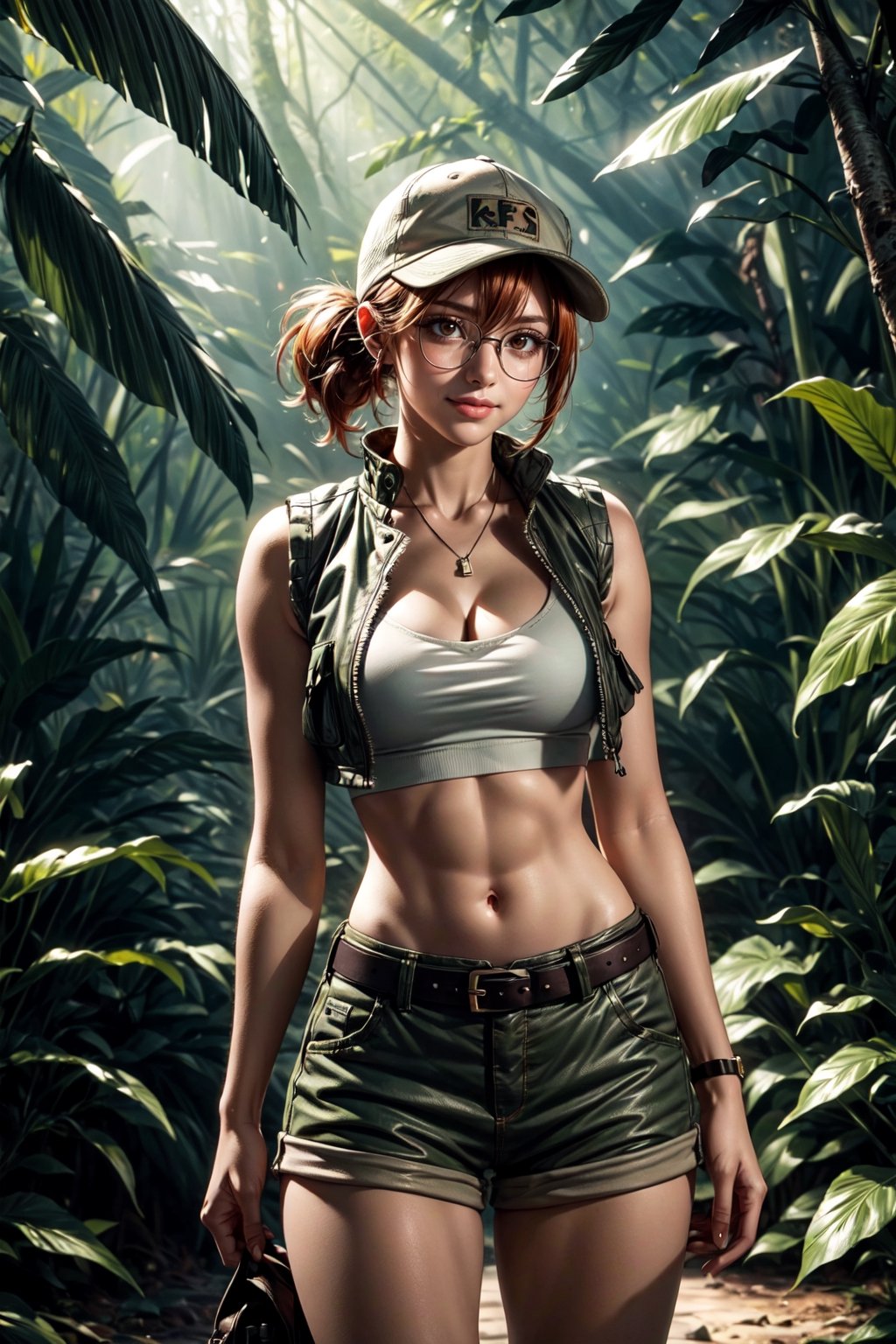 ((Alone:1.4)), ((Solo:1.4)), ((MEDIUM FULL SHOT:1.5)),realistic, masterpiece,best quality,High definition, (realistic lighting, sharp focus), high resolution, volumetric light, outdoors, dynamic pose, ,KOFKulaD, ((a 25 years old woman in a dense jungle)),((thin waist, wide hips)), ((Huge breats:1.2)) ,FioDef, hair between eyes,fiodef, orange hair, hat, baseball cap, crop top, shorts, midriff, vest, navel, belt, short shorts, tank top, cleavage, brown shorts, looking away, ((shy smile)), light ray tracing