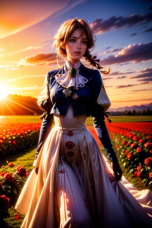 A 25 years old woman field of roses, in the sunset,violet evergarden, braid, hair ribbon,red ribbon, jewelry, white ascot, brooch,blue jacket, long sleeves, brown gloves,white dress, long dress, hair movement,  shy smile, looking away, closed_mouth