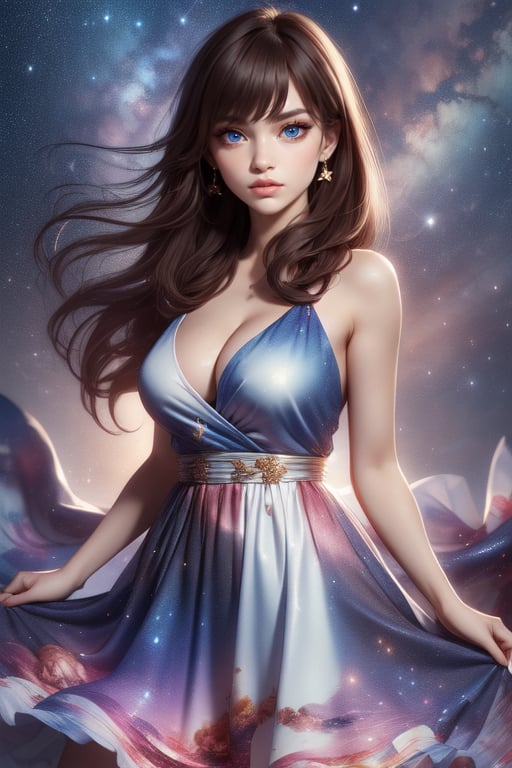 Masterpiece, Best Quality, Photorealistic, High Resolution, 8K Raw), smile, looking at viewer, upper body, 1 girl, solo, long hair, (brown hair, bangs:1.1), big breasts, Light, busty and sexy girl, wearing a flowing dress with a starry sky pattern, starry dress, ((shy smile:1.5)), hair movement