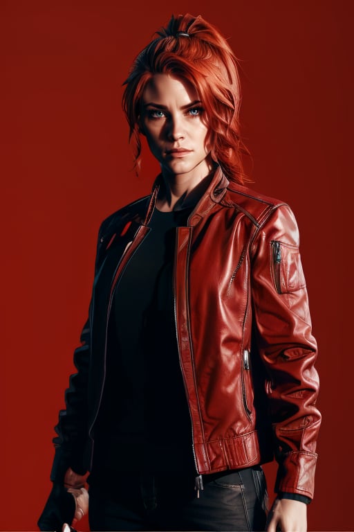 cowboy shot,  jesseC_soul3142, solo, 1girl, red hair, jacket, looking at viewer, realistic,  ponytail, Red theme, hair movement, holding a desert eagle, focus face