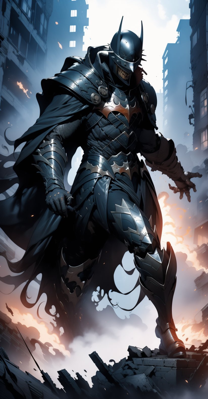 Batman who laughs, ((full-body_portrait)), Ruined City, dust, night, standing_up, upper_body knight armor, black armor, lower body knight armor,nijistyle, flames, explosion, chaos,