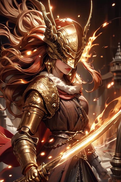 ((medium full shot:1.5)), (masterpiece, best quality:1.1),fantasy, intricate, illustration ,soft lighting, specular lighting, extremely detailed, hyper detailed, realistic, perfect face, ,sharp focus, (4k), 1girl, swordmaster woman,malenia blade of miquella, castle background, covered eyes,winged helmet, (golden particles effect:1.4),(red flames of rot:1.2),midjourney, close, red hair