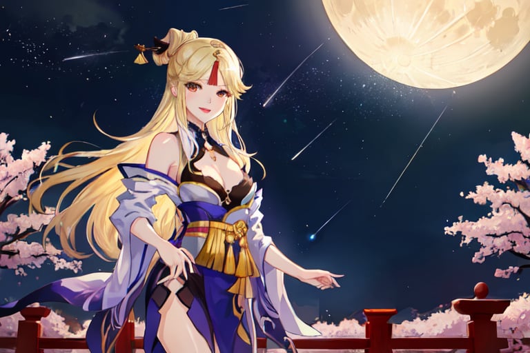 Ningguang, original_character, cherry blossom park in japan background in the night, elegant dress, blonde hair, Standing facing the camera, she faces the camera seductively, natural color lips, smile, HDR, little full moon rising on the horizon, night with meteor shower

