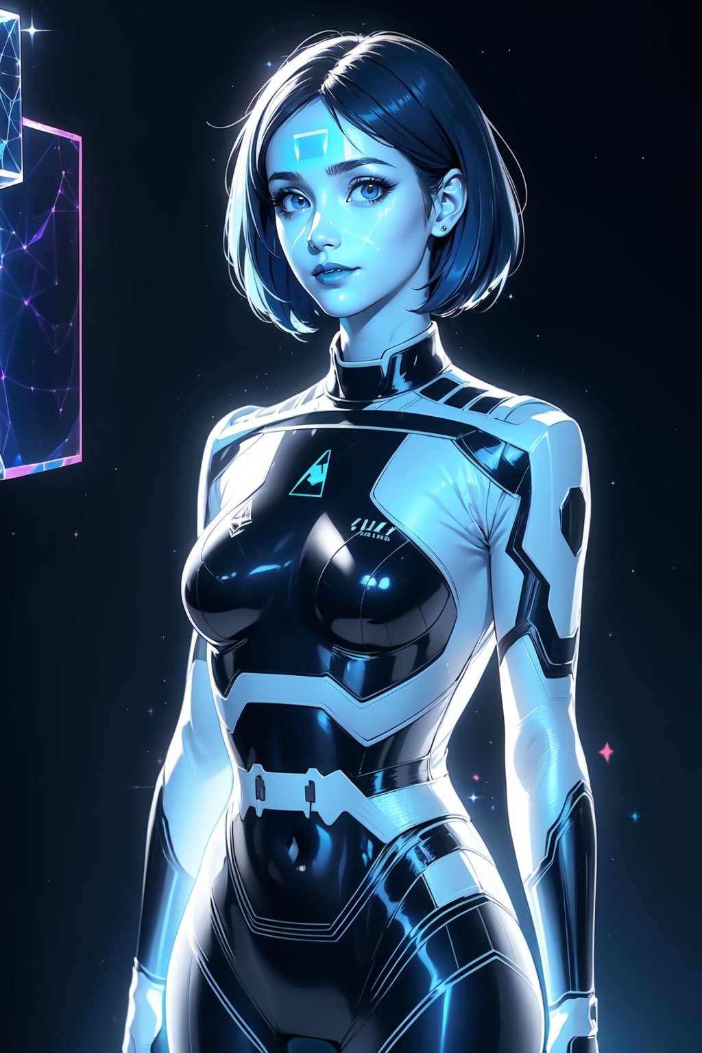 Alone:1.2, Solo:1.2, ((Medium full shot:1.3)), realistic, masterpiece,best quality,High definition, (realistic lighting, sharp focus), high resolution,volumetric light, outdoors, dynamic pose, BREAK, a 25 years old girl in the spaceship, focus face ,thewpn, ((blue skin:1.5)), blue bodysuit, medium breasts, cowboy shot, black background, science fiction, gradient background, looking at viewer, ((hologram body:1.5)) ,More Detail, Blue Hair, looking away, volumetric ligt, shy smile, Starry galaxy behind