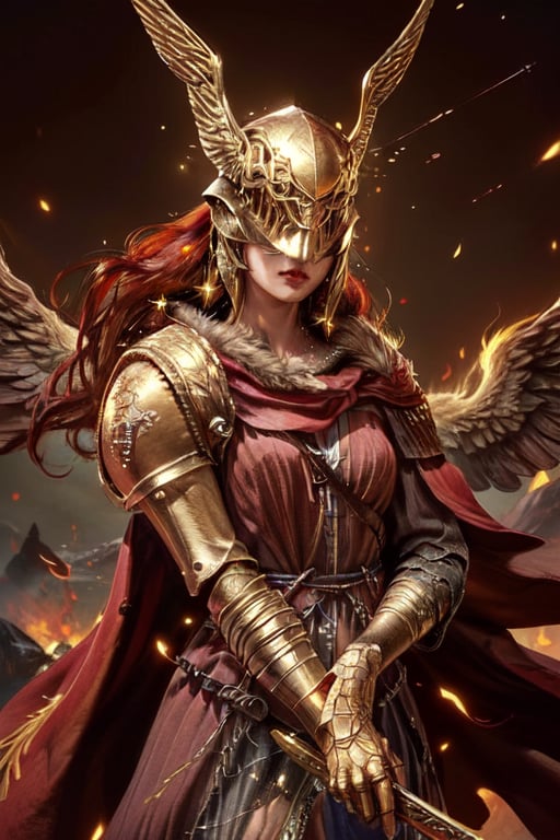 (medium shot:1.5), (masterpiece, best quality:1.1),fantasy, intricate, illustration ,soft lighting, specular lighting, extremely detailed, hyper detailed, realistic, perfect face, ,sharp focus, (4k), 1girl, swordmaster woman,malenia blade of miquella, castle background, covered eyes,winged helmet, (golden particles effect:1.4),(red flames of rot:1.2)