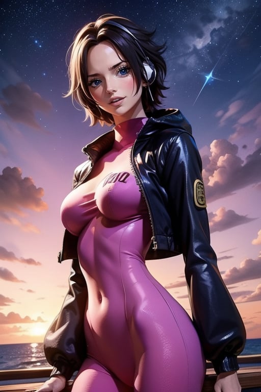 extremely detailed, (masterpiece, top quality, best quality), high resolution, absurd, 1 girl, alone, bandage, (detail light), soft smile, cowboy shot, outdoors, smile, looking at viewer, beach, outdoors, starry sky, red lips, purple jacket, pink bodysuit, headphone, dynamic pose, hair movement