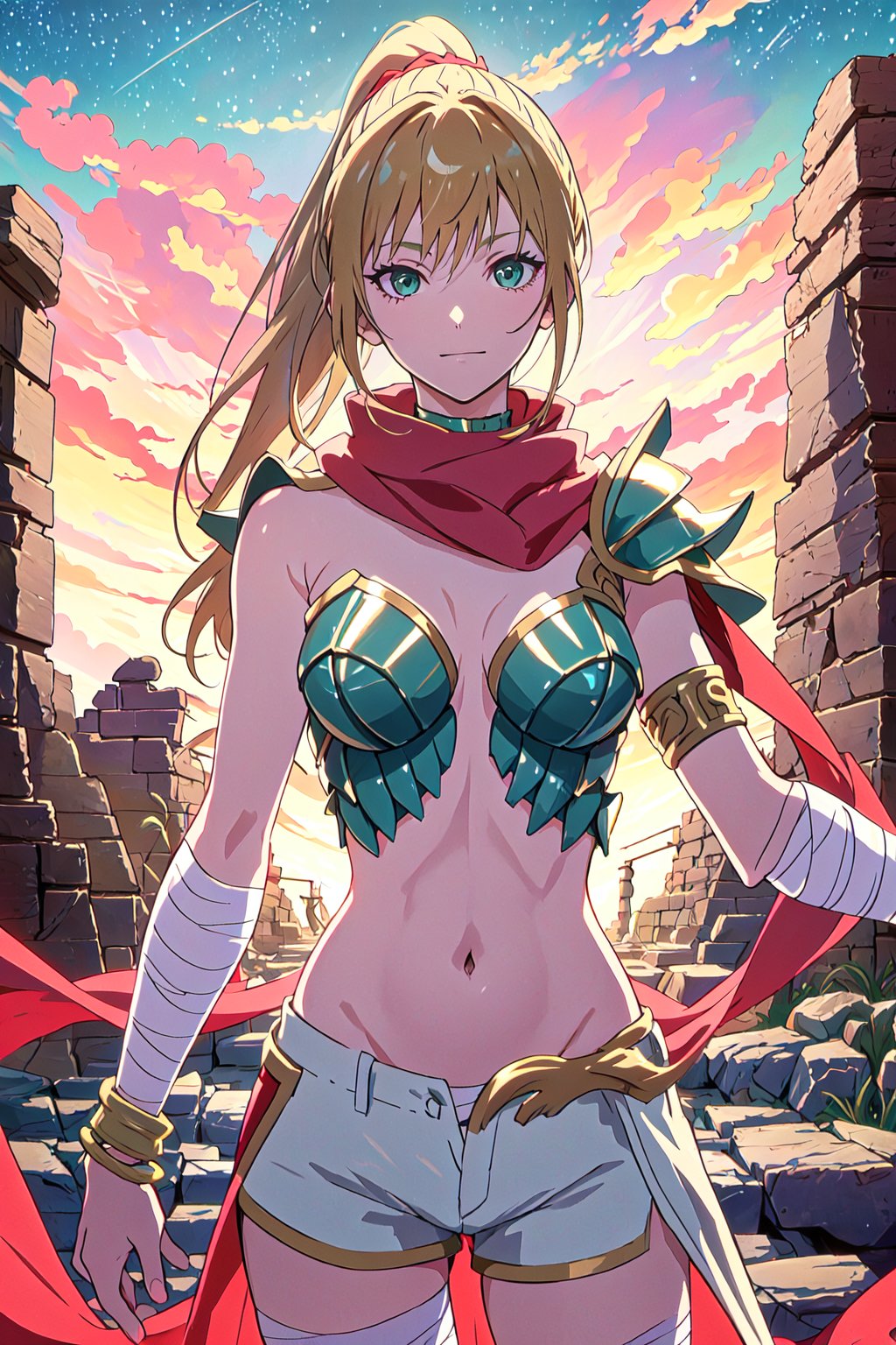 masterpiece, best quality, high quality details, 1girl, solo, armor, long hair, blonder hair, ponytail, green eyes, red scarf, belly button, bandages, white shorts,choker, bracelet, greek ruins, looking at viewer, starry sky, breats, hair movement soft smile