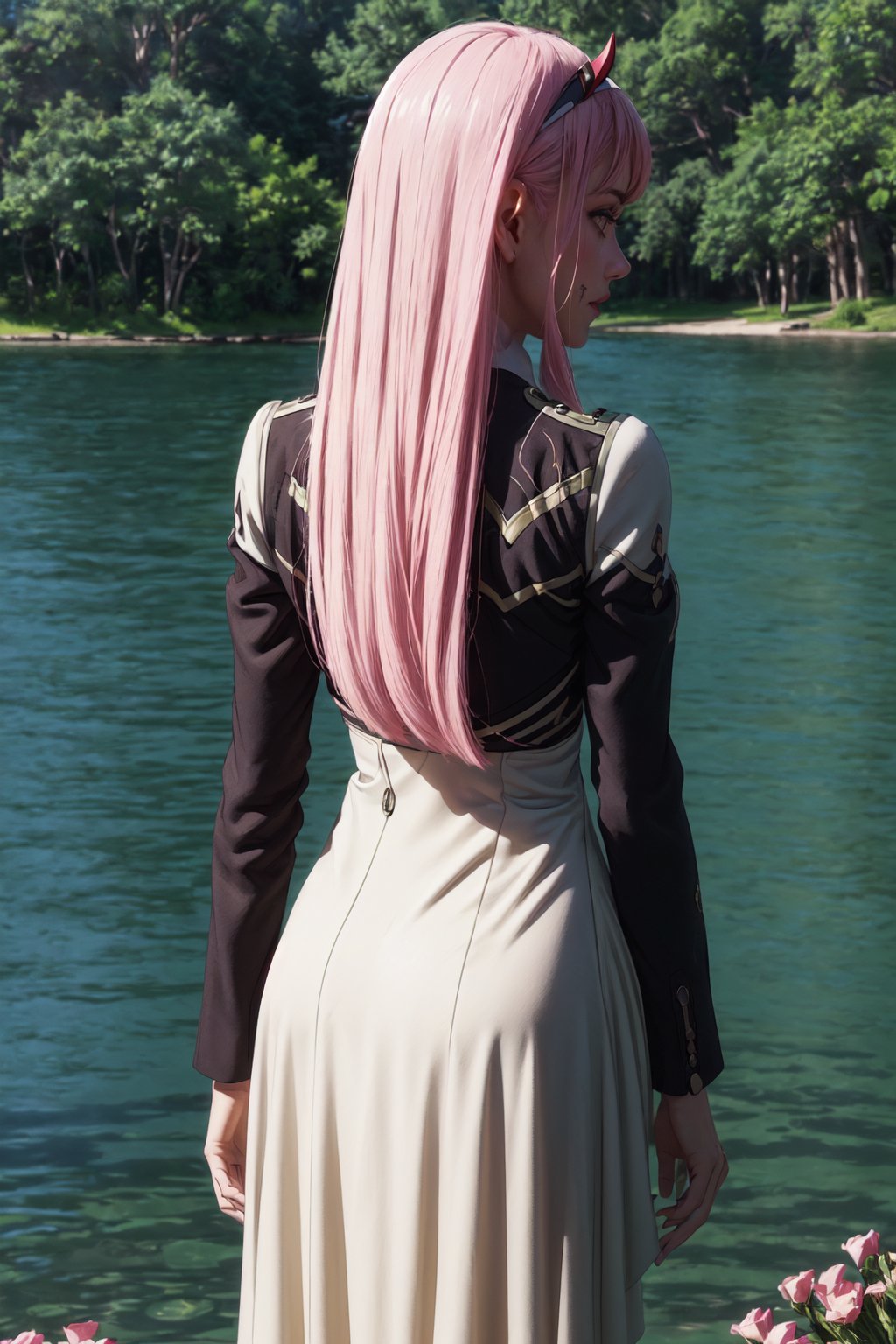 ((alone:1.5)). ((Solo:1.5)), ((MEDIUM FULL SHOT:1.5)),realistic, masterpiece,best quality,High definition, , high resolution,,A 25 years old woman, zero_two, outdoors, SFW, portrait, park,   professional lighting, moon, Pink hair, long hair, looking away, ((shy smile )), medium breats, hourglass body, flowers, lake, raytracing