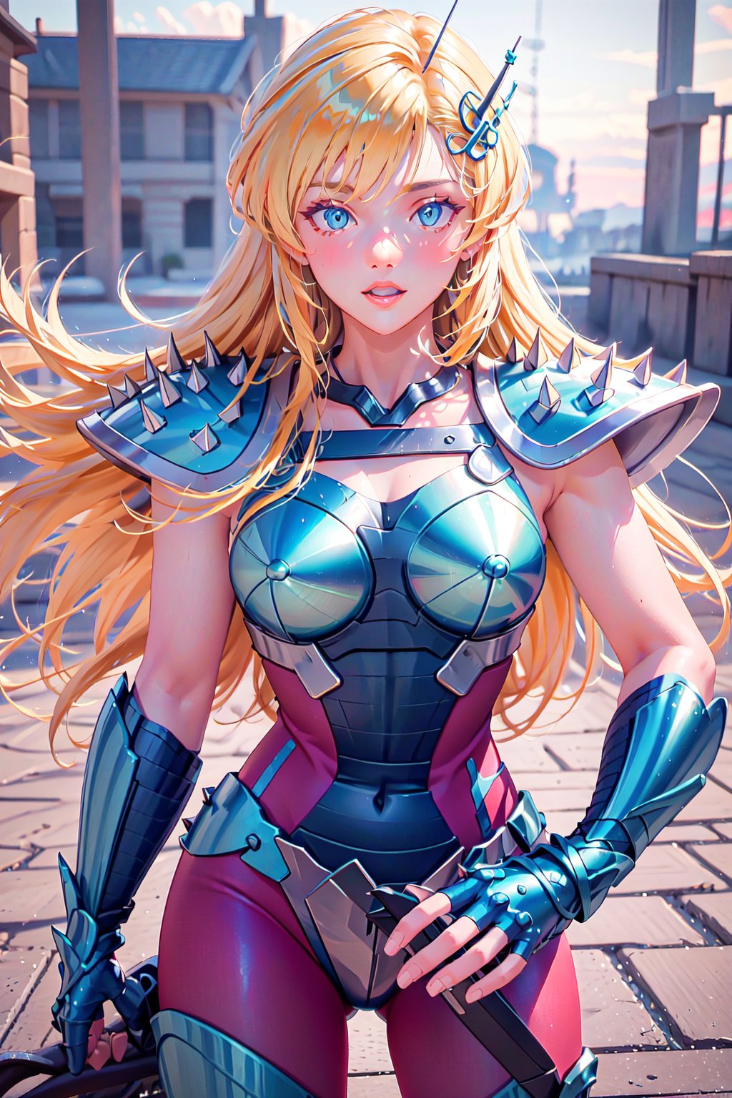 masterpiece,best quality,High definition, (realistic lighting, sharp focus), high resolution, ((volumetric light), ((Medium full shot:1.5)),,a woman,June Camaleon,  looking at viewer, shoulder pads, armor, bodysuit, shoulder armor, spikes, pauldrons, fingerless gloves, holding weapon
