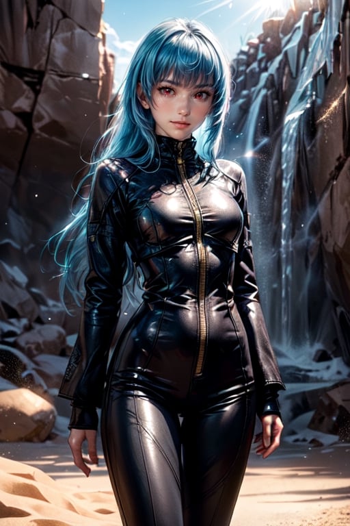 ((Alone:1.4)), ((Solo:1.4)), ((MEDIUM FULL SHOT:1.5)),realistic, masterpiece,best quality,High definition, (realistic lighting, sharp focus), high resolution,volumetric light, outdoors, dynamic pose, ,KOFKulaD, long hair, blue hair, red eyes, bangs, desert, noon, intense and shimmering sunlight, shy smile, Ice Particles