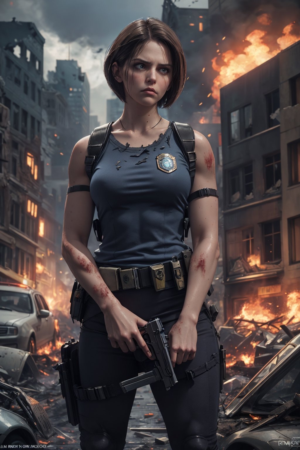 masterpiece, best quality,(extremely intricate), (realistic),Medium full shot, jill valentine, police_uniform, ((serious face)), outdoors, ((ruined city)), ((zombie hordes behind)), looking away, ,fantasy00d,jill valentine, atletic body, flames, holding a handgun