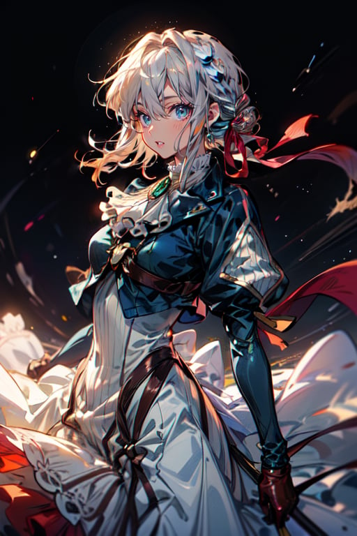 A 25 years old woman,violet evergarden, braid, hair ribbon,red ribbon, jewelry, white ascot, brooch,blue jacket, long sleeves, brown gloves,white dress, long dress, hair movement, 