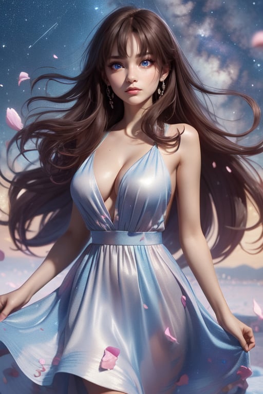 Masterpiece, Best Quality, Photorealistic, High Resolution, 8K Raw), smile, 1 girl, solo, long hair, (brown hair, bangs:1.1), big breasts, Light, busty and sexy girl, wearing a flowing dress with a starry sky pattern and flowers, starry dress, ((shy smile:1.5)), hair movement, brunette hair, juicy lips, tight dress, make up, looking away,kanamechidori, (petals:1.5), (Shooting Star behind)