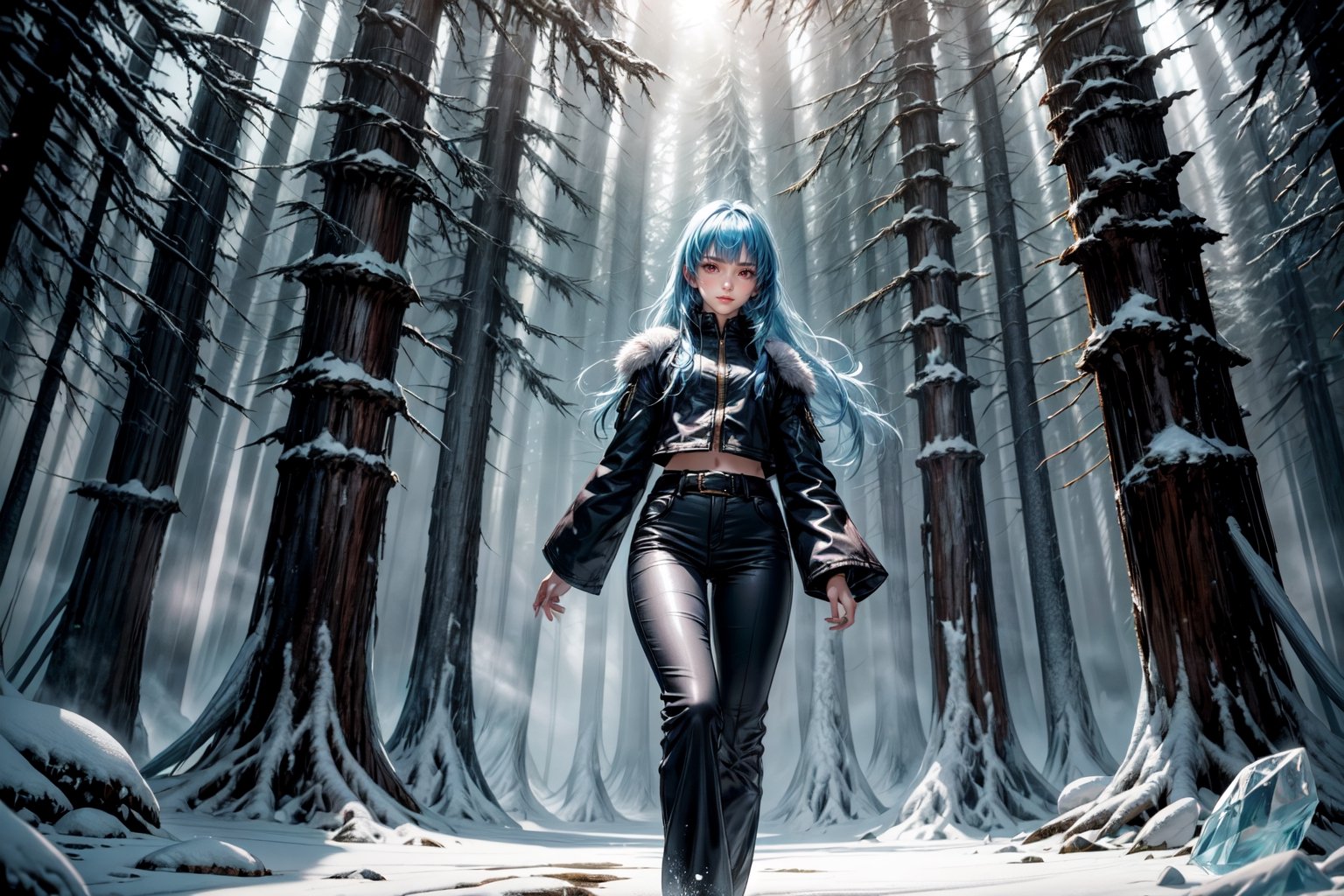 ((Alone:1.4)), ((Solo:1.4)), ((MEDIUM FULL SHOT:1.5)),realistic, masterpiece,best quality,High definition, (realistic lighting, sharp focus), high resolution,volumetric light, outdoors, dynamic pose, ,KOFKulaD, ((a 25 years old woman in a ice forest)), long hair, blue hair, red eyes, bangs, noon, intense and shimmering sunlight, shy smile, focus face, long_pants