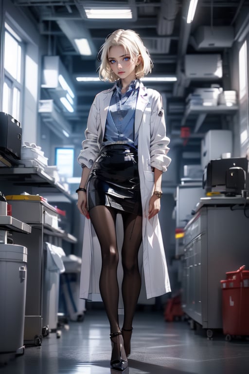 ((alone:1.5)). ((Solo:1.5)), ((MEDIUM FULL SHOT:1.5)),realistic, masterpiece,best quality,High definition, , high resolution,,, a 35 years old  woman, blonde hair, short hair, looking away,pantyhose, high heels, blue shirt, white lab coat, black skirt, clothed,focus face, hourglas body, medium breats