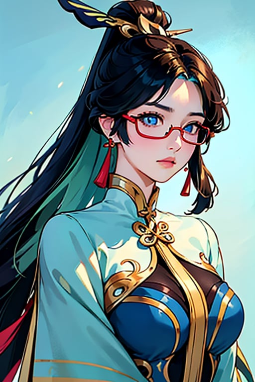 (masterpiece:1.2, best quality),(colored background) (finely detailed beautiful eyes: 1.2),guweiz style,details, (extremely detailed CG unity 8k wallpaper, masterpiece, best quality, ultra-detailed, best shadow), (detailed background), (beautiful detailed face, beautiful detailed eyes), High contrast, (best illumination, an extremely delicate and beautiful),1girl, dynamic angle,beautiful detailed,midjourney, ,EpicArt,guweiz style, (Hands:1.1), ,better_hands, stunning beautiful, xianyun, very long hair, ponytail, hair ornament, semi-rimless eyewear, earrings,black bodysuit, elbow gloves,