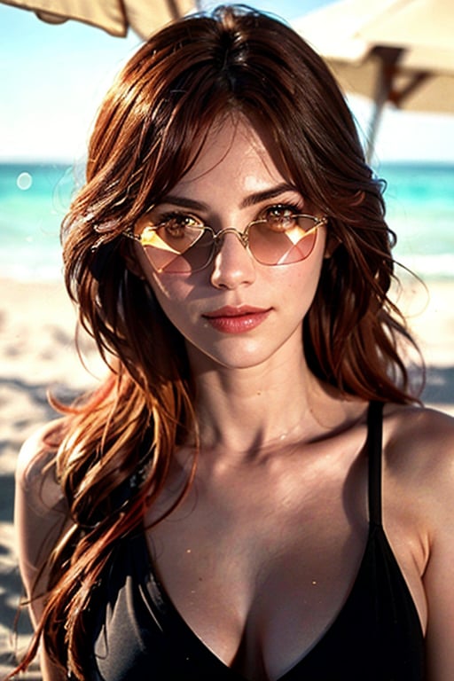 ,realistic, masterpiece,best quality,High definition, (realistic lighting, sharp focus), high resolution, ((volumetric light)),,Masterpiece, a woman in the beach, posing at viewer, large breats, in the beach, red hair, large hair, sitting on the sand, soft smile, sun glasses, hair movement