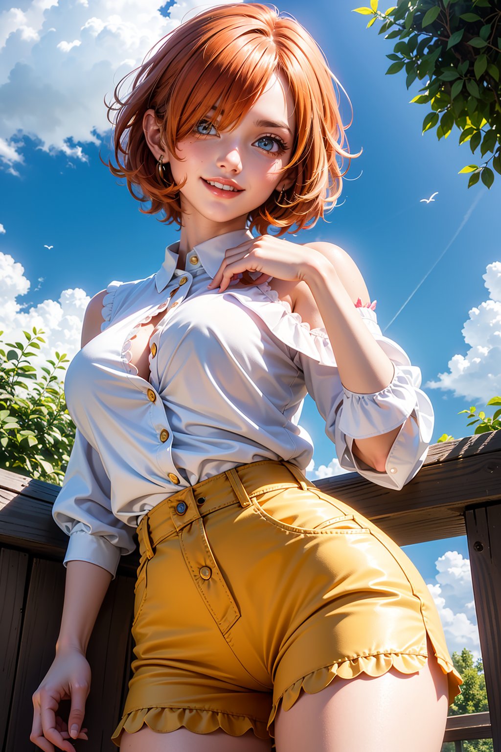 extremely detailed, (masterpiece, top quality, best quality), high resolution, absurd, 1 girl, alone, lilith vegapunk, orange hair, orange eyes, hair over one eye, smile, blouse with ruffles on the shoulders, white blouse, scalloped shorts, pink shorts, 1 girl, red eyeshadow, blue eye makeup,outdoors