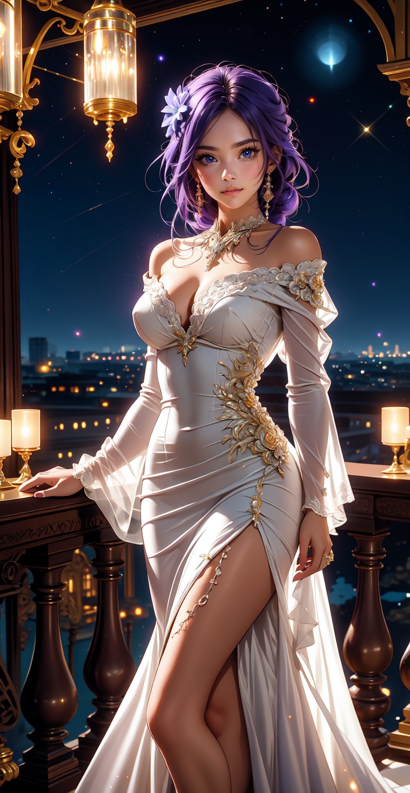 (Alone:1.4)), ((Solo:1.4)), cowboy_shot, realistic, masterpiece,best quality,High definition, (realistic lighting, sharp focus), high resolution,volumetric light, outdoors. A glamorous 25-year-old woman stands on a balcony, her vibrant purple hair intricately braided, cascading gracefully over her shoulder. She poses with a tender smile and warm, inviting eyes, gazing at the stars that sprinkle the night sky. She is dressed in a stunning white gown adorned with beautiful lace details, the delicate patterns enhancing her elegance. The dress flows elegantly down to the floor, with intricate lacework at the sleeves and neckline, adding a touch of timeless charm. The balcony belongs to an elegant, opulent estate, with ornate railings and lush, cascading plants that frame her figure. Soft, ambient lighting from crystal chandeliers inside the grand hall spills out onto the balcony, casting a gentle glow. The woman exudes both sophistication and serenity, creating a mesmerizing scene of beauty and grace.,raiden_shogun_genshin, braided hair