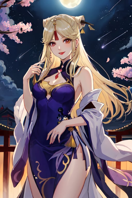 Ningguang, original_character, cherry blossom park in japan background in the night, elegant dress, blonde hair, Standing facing the camera, she faces the camera seductively, natural color lips, smile, HDR, little full moon rising on the horizon, night with meteor shower

