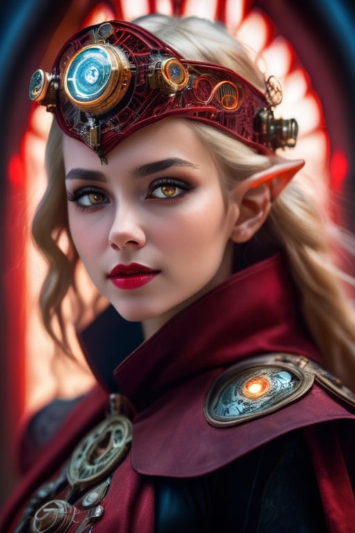  (((masterpiece))), (((best quality))), (((ultra high res))), detail eyes, intrinsecal details in body,  raw photo, volumetric lighting, A girl 25 years hold using a red cloak,  head covering by cloak,cyborg, ((blonde hair)), light smile,looking to viewer, (dark red metallic color:1.35), (character focus), science fiction, extreme detailed ,Dragon iris eyes,  style,HZ Steampunk, short hair, mid body, medium breats, ((elf_ears)), dramatic lights, red lips, hair on face