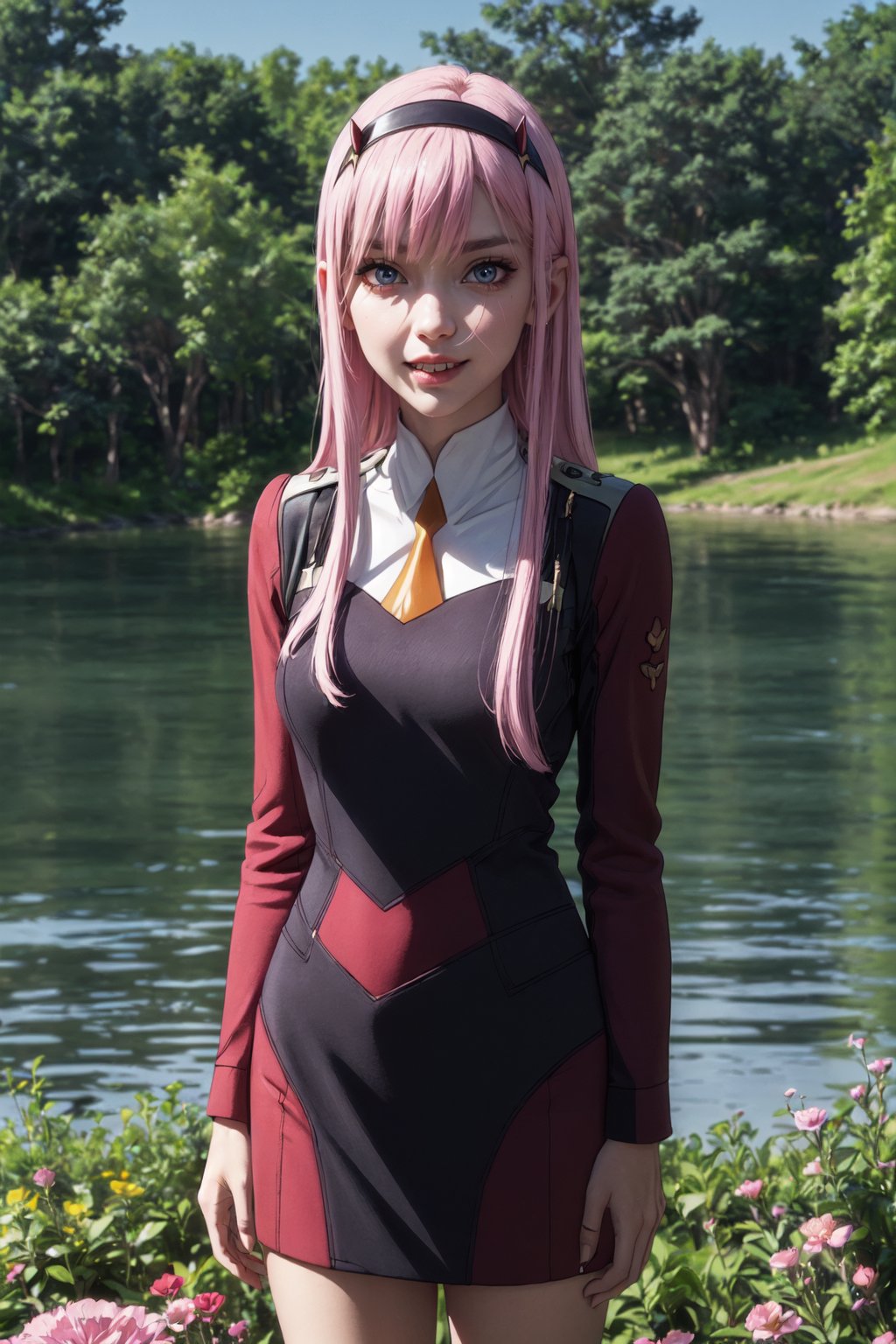 ((alone:1.5)). ((Solo:1.5)), ((MEDIUM FULL SHOT:1.5)),realistic, masterpiece,best quality,High definition, , high resolution,,A 25 years old woman, zero_two, outdoors, SFW, portrait, park,   professional lighting, moon, Pink hair, long hair, looking away, ((shy smile )), medium breats, hourglass body, flowers, lake, raytracing