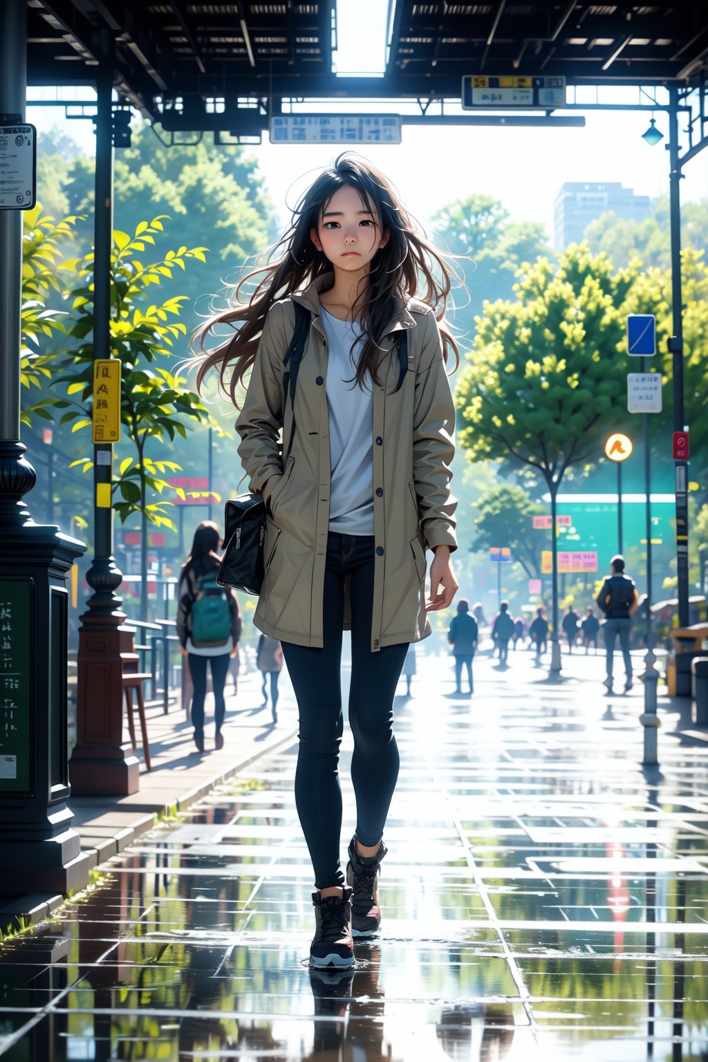 (alone),(solo), a 25 years old woman walking under heavy rain in the park, , wet hair, looking away, long hair