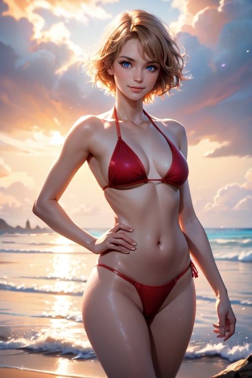 medium full shot, realistic, masterpiece,best quality,High definition, high resolution, BREAK,a 35yo woman in a ((onepiece red bikini:1.2)), beach, shiny skin, looking at viewer ,sunset, taned skin, wide hips, thin waist, Blonde hair, hair movement, hair beetween eyes, blue eyes, cloudy sky, Dynamic pose,volumetric light, water particles in the air,BREAK, shy smile, hand on hips, beautifull day in the beach, short hair, light fog,cindy aurum