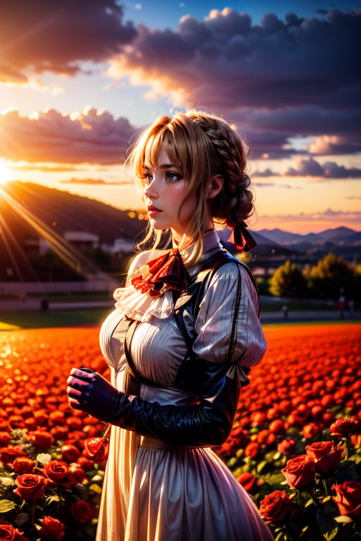 A 25 years old woman field of roses, in the sunset,violet evergarden, braid, hair ribbon,red ribbon, jewelry, white ascot, brooch,blue jacket, long sleeves, brown gloves,white dress, long dress, hair movement, 