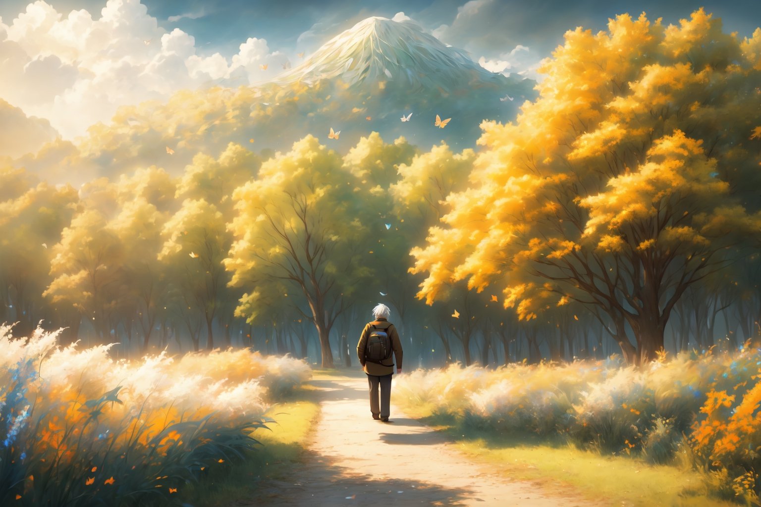  Alone, solo, realistic, masterpiece,best quality,High definition, (realistic lighting, sharp focus), high resolution, volumetric light,, From behind, A man walking alone in a green valley, A day of spring
, Light theme, White hair ,falling leaves, dim light, flowers, beauty day, cloudy sky, traveler backpack, tree leaves in the air, butterflies, light dust

