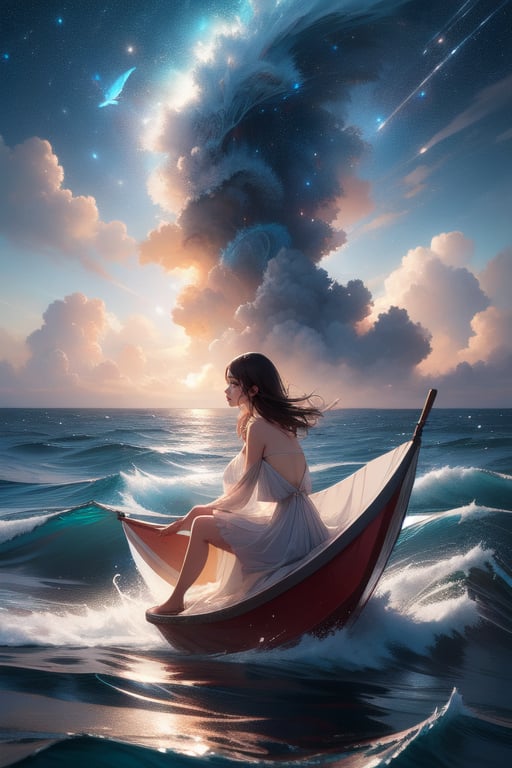 Imagine a brave woman with a determined look, sitting on a giant-sized paper boat. The waves of the sea gently rock her as she looks toward the horizon, searching for her next destination. The paper boat, although it seems fragile, is strong and withstands the waters of the vast ocean.,starry dress, black hair, hair movement, looking away